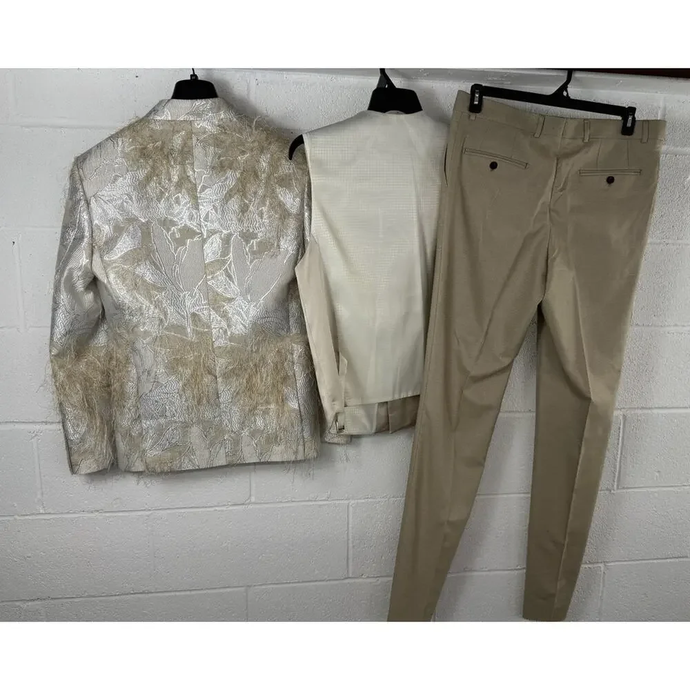Torres Mens Tuxedo Suit 40 US 50 EU Beige Floral Borcade Tasseled 3pcs Set t12